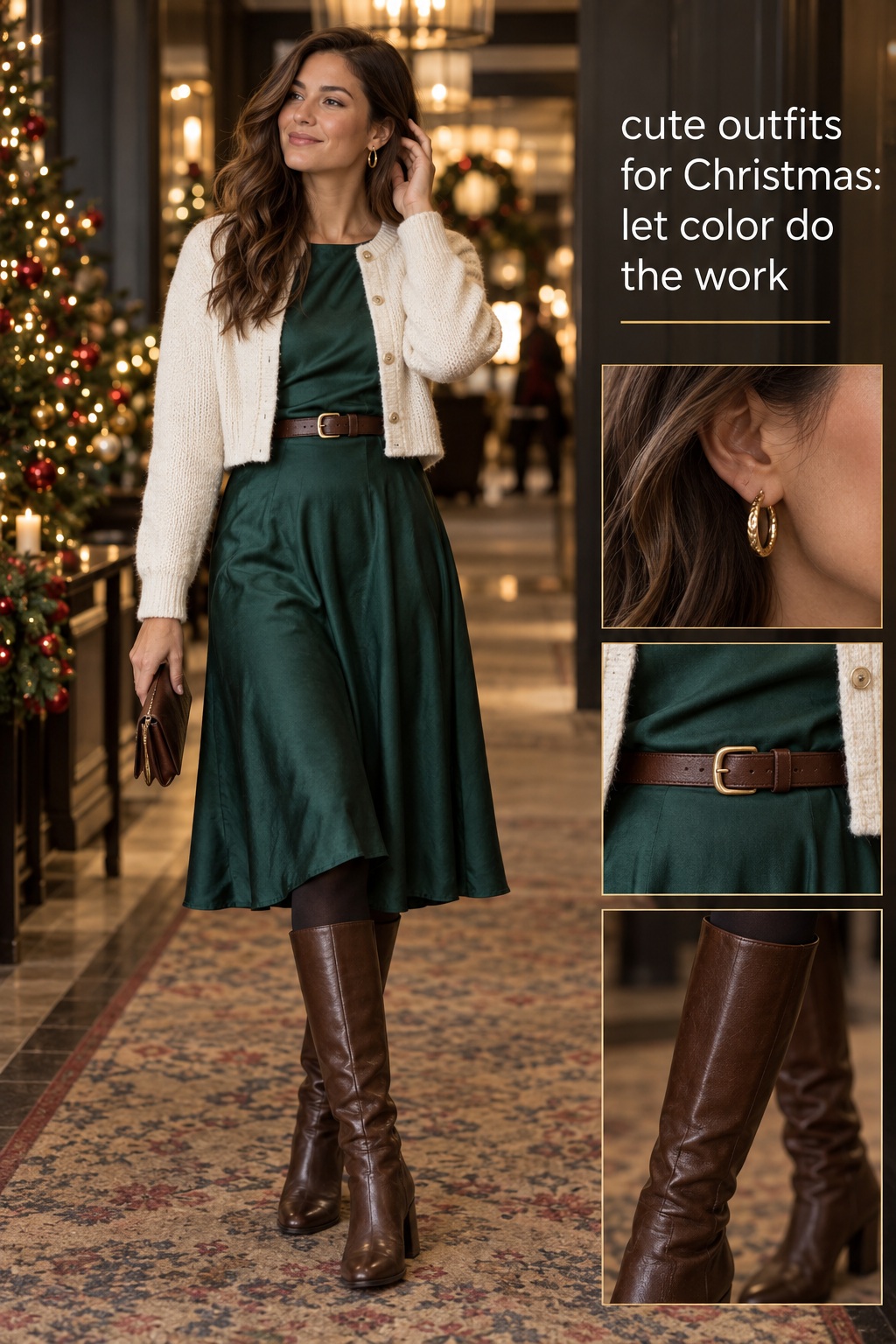 cute outfits for Christmas with emerald midi dress, cream cardigan, boots, and gold styling details