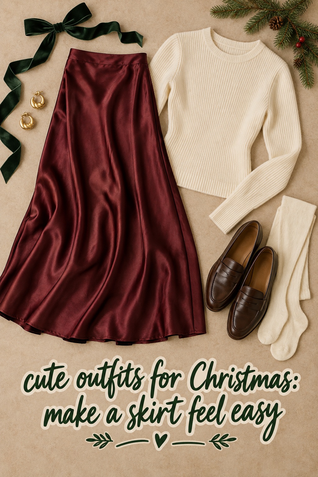 cute outfits for Christmas with a cream sweater, dark jeans, boots, and a red shoulder bag