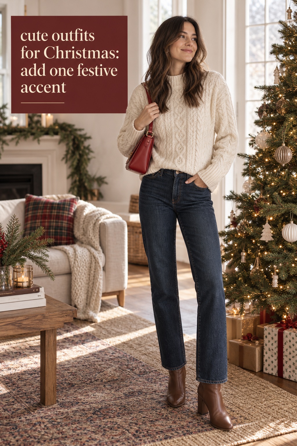 cute outfits for Christmas flat lay with burgundy satin skirt, ivory sweater, ribbon, and loafers
