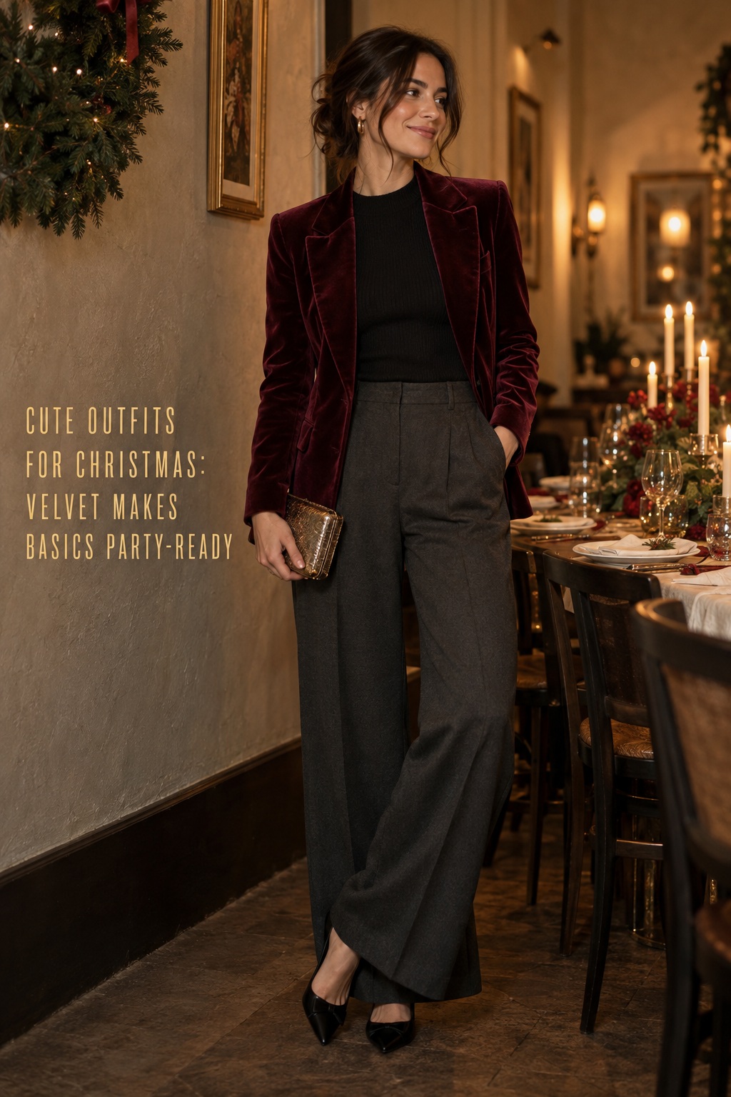 cute outfits for Christmas with burgundy velvet blazer, black knit, charcoal trousers, and metallic clutch