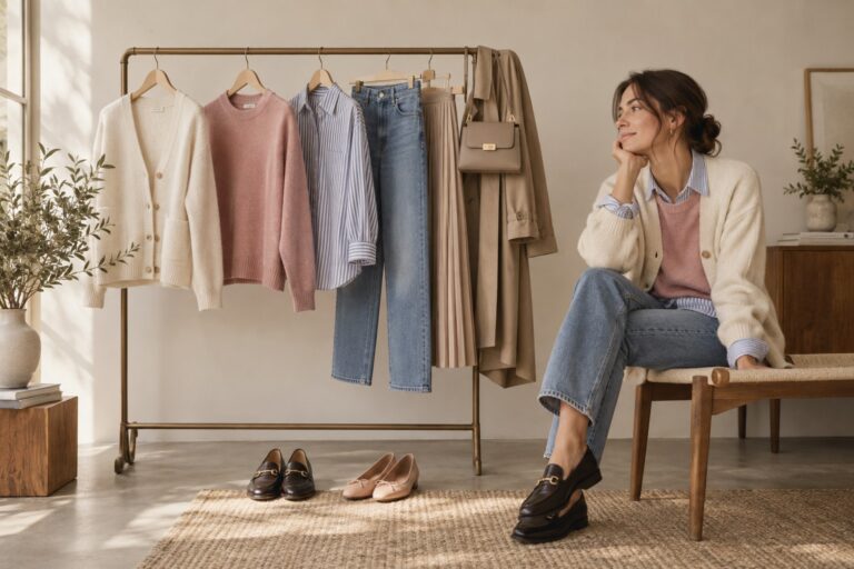 cute sweater outfits capsule wardrobe with cardigans, jeans, skirt, and loafers