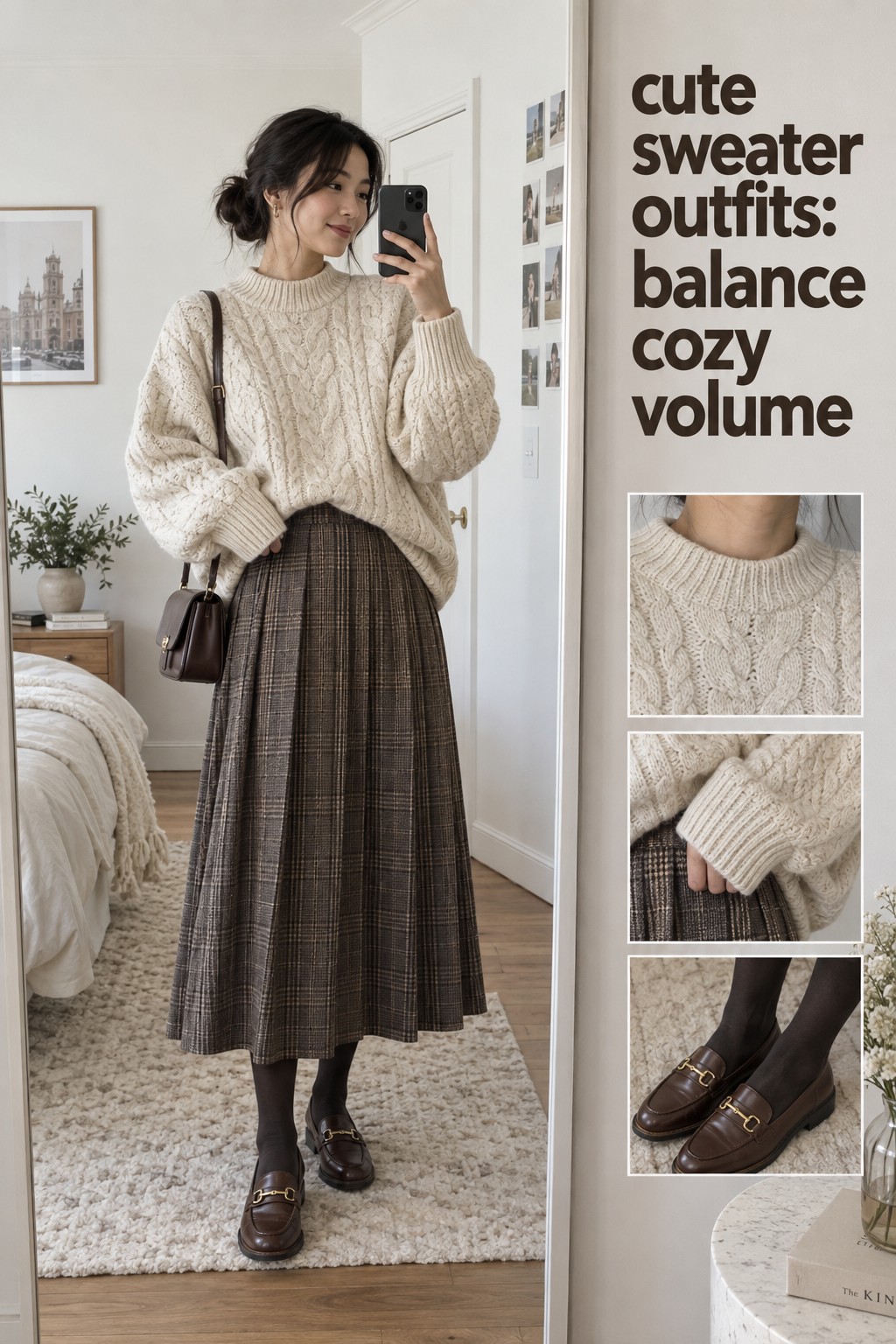 cute sweater outfits with oversized cream sweater and pleated skirt details