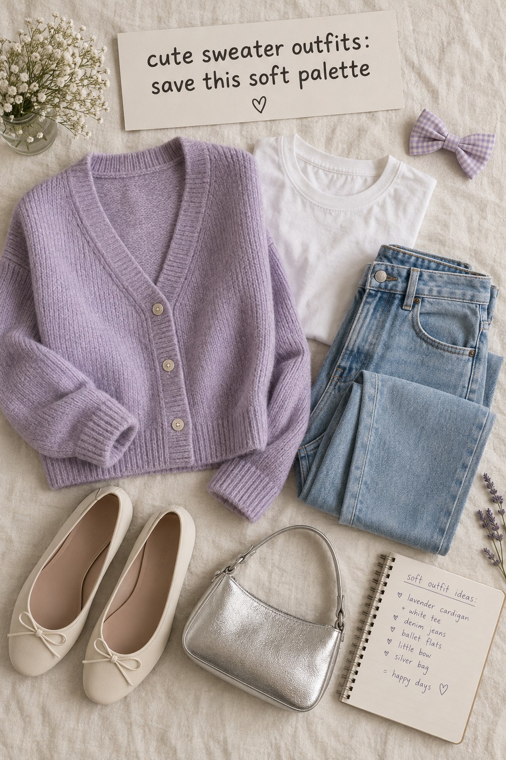 cute sweater outfits flat lay with lavender cardigan and light denim