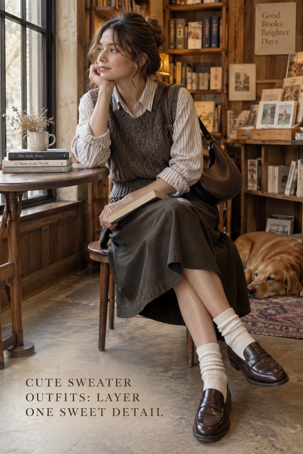 cute sweater outfits with sweater vest, striped shirt, skirt, and loafers