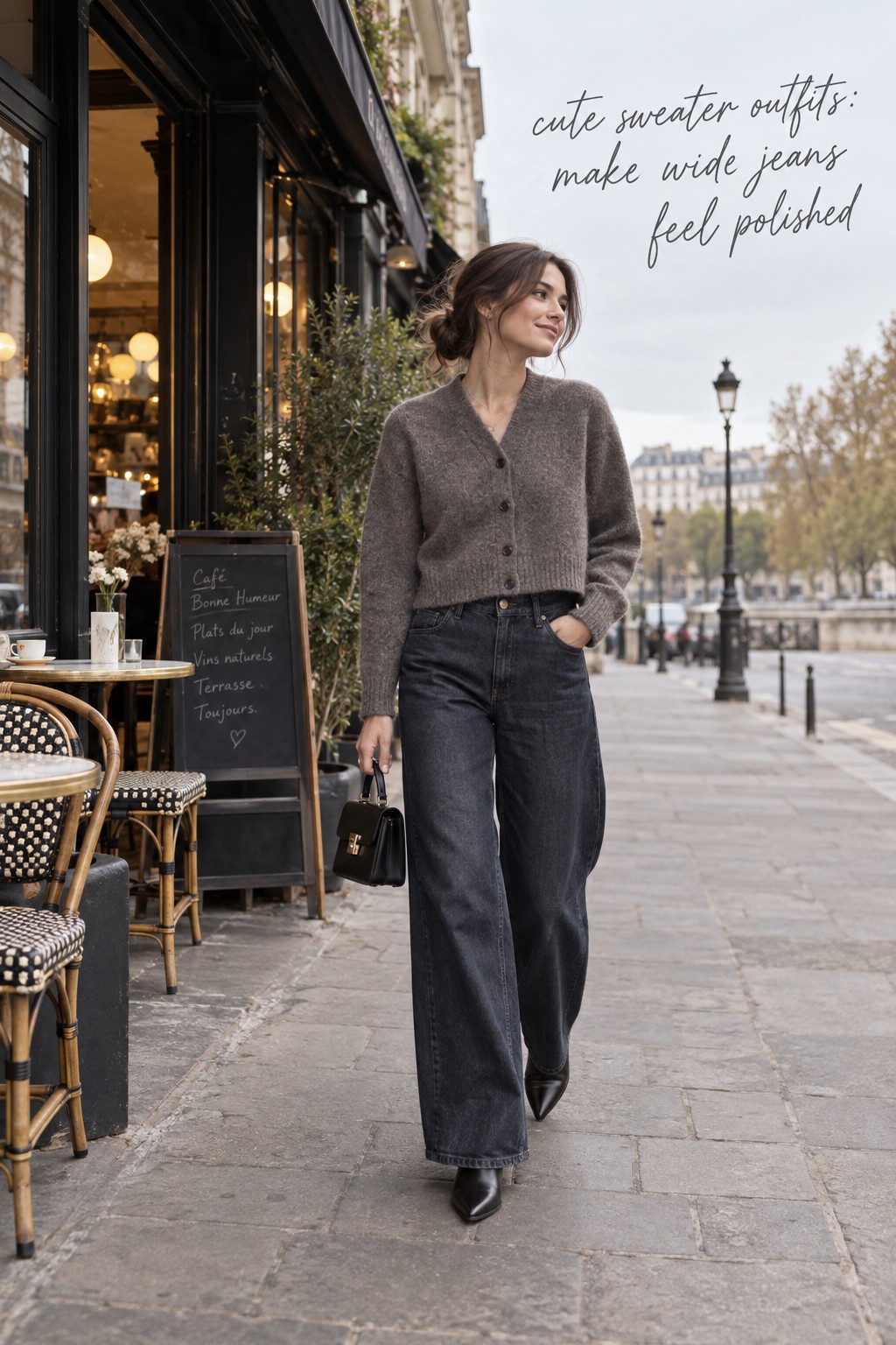 cute sweater outfits with cropped cardigan and polished wide-leg jeans