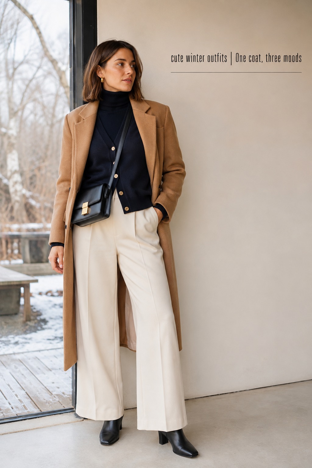 cute winter outfits with a navy turtleneck, cream trousers, cardigan, camel coat, and boots