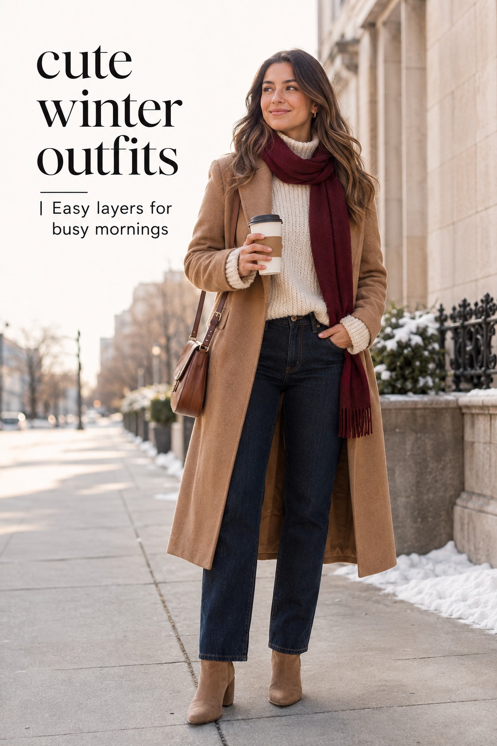 cute winter outfits with a cream sweater, camel coat, jeans, boots, and burgundy scarf