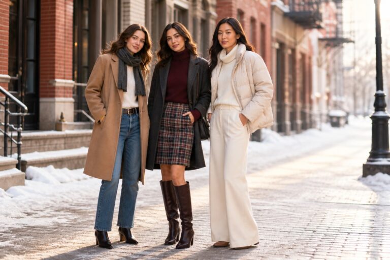 cute winter outfits capsule with coats, skirts, trousers, boots, and winter layers