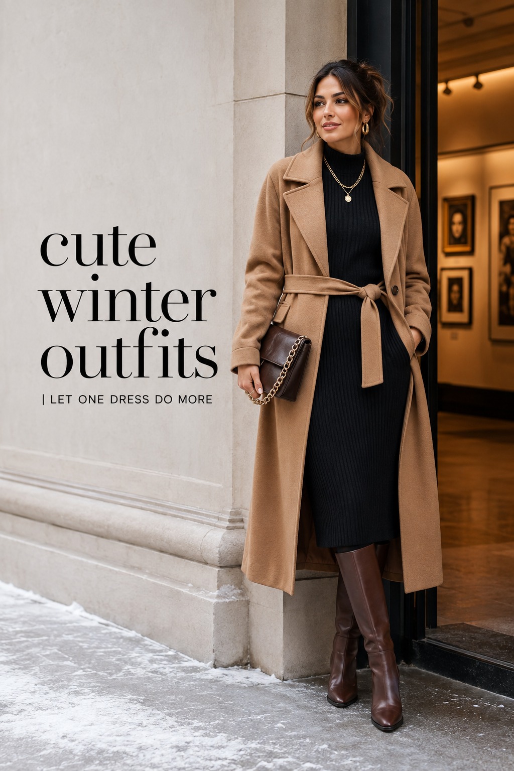 cute winter outfits with a black knit dress, tights, tall boots, and belted camel coat