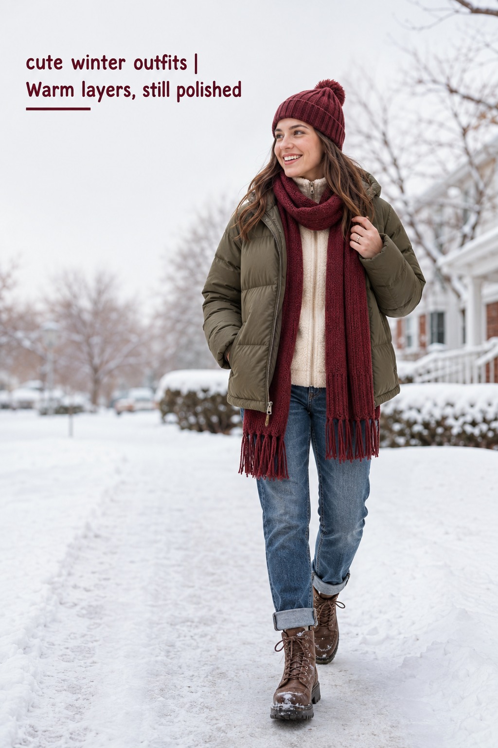 cute winter outfits with an olive puffer, cream fleece, jeans, lug boots, and burgundy beanie