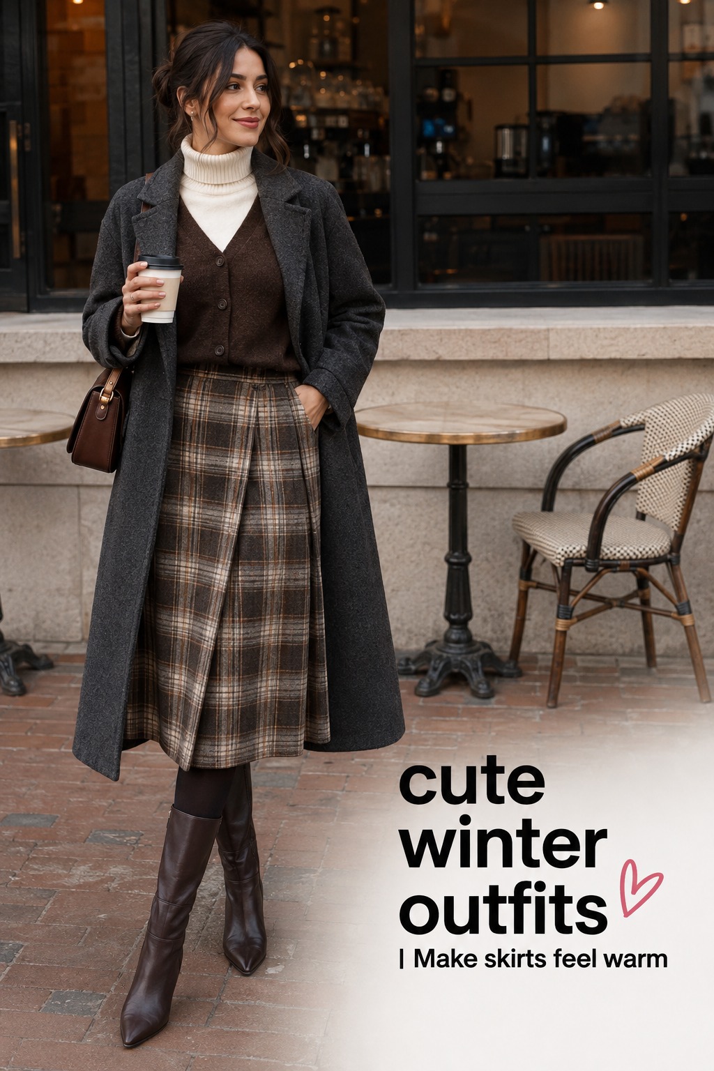 cute winter outfits with a plaid midi skirt, tights, boots, sweater, and charcoal coat