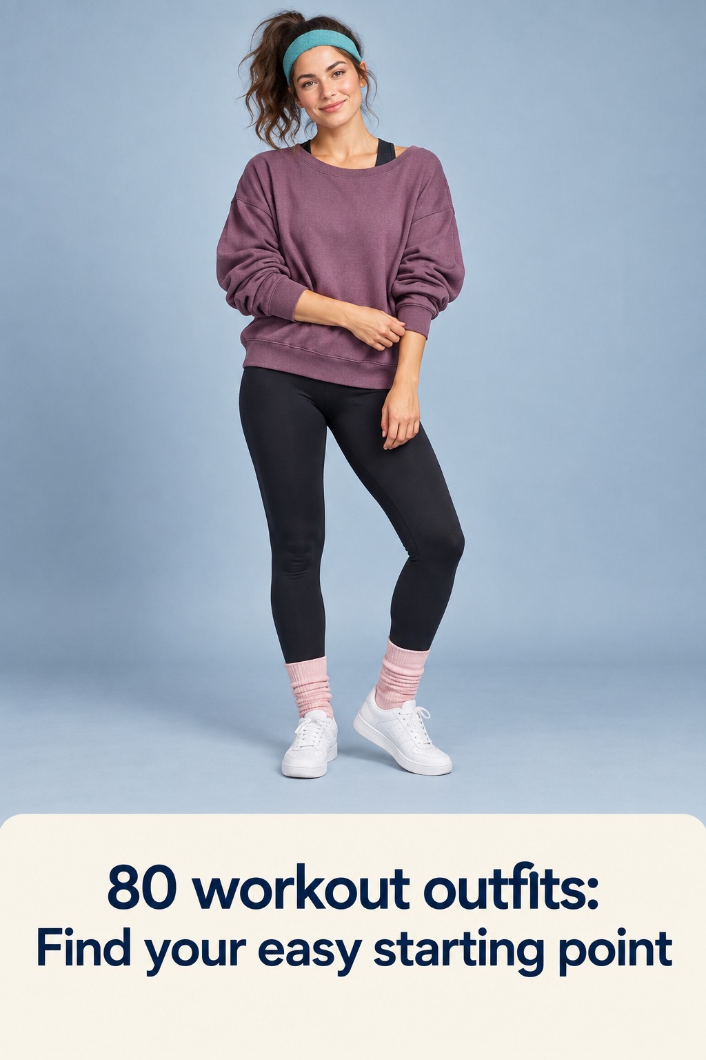 80 workout outfits easy layer with plum sweatshirt, black leggings and pink socks