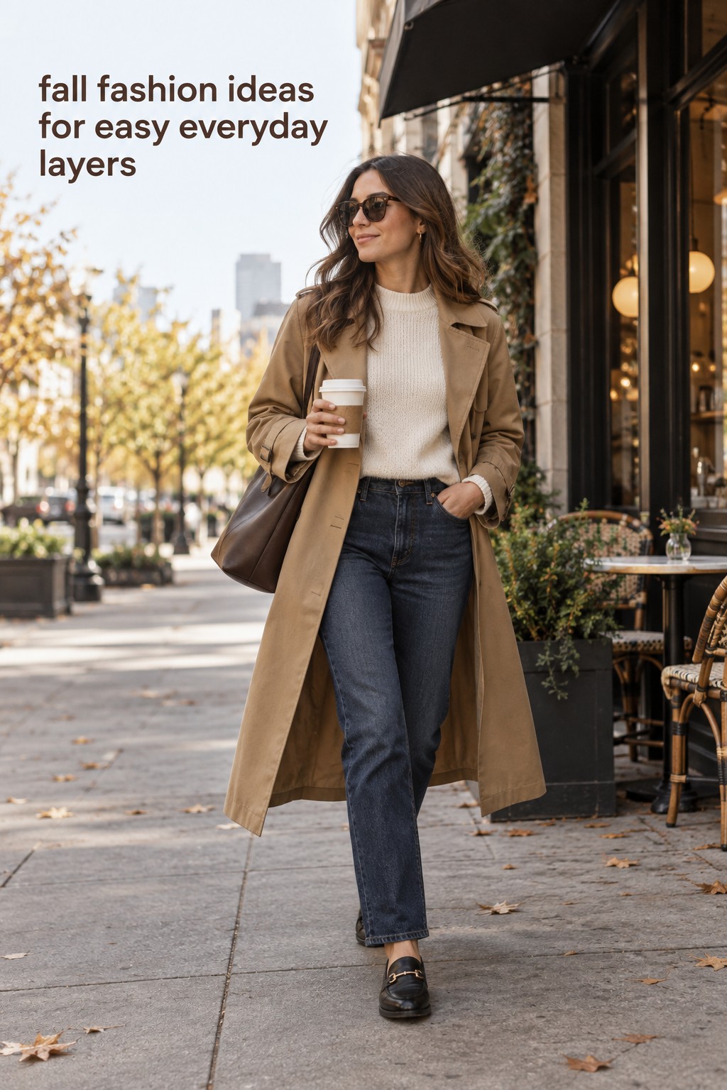 fall fashion ideas with dark denim, cream knit, and camel trench