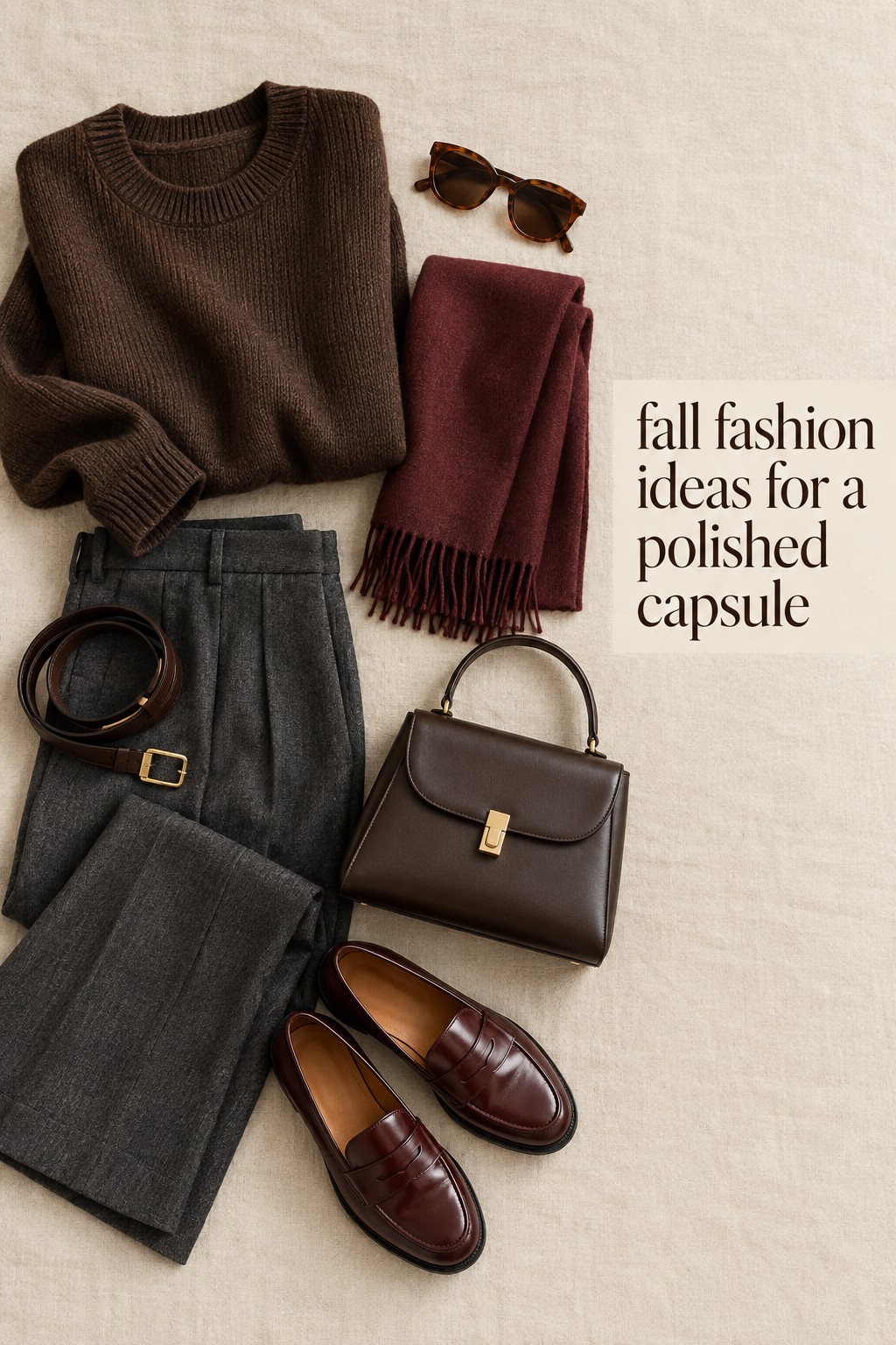 fall fashion ideas flat lay with a brown knit, trousers, and loafers