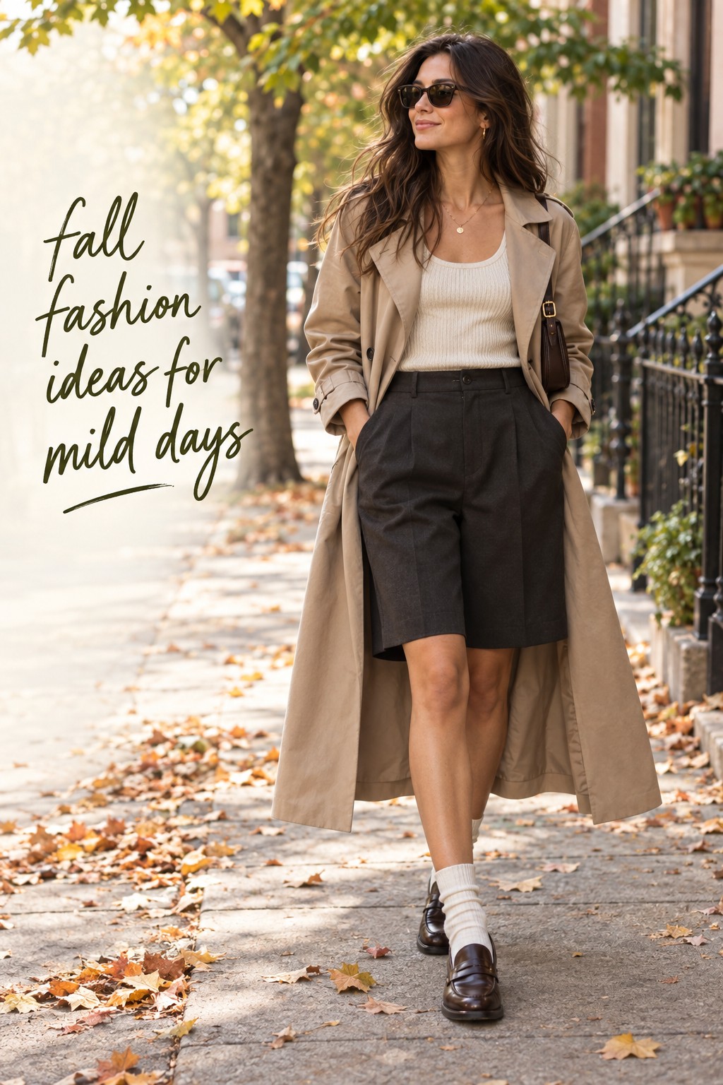 fall fashion ideas for mild days with Bermuda shorts and trench coat