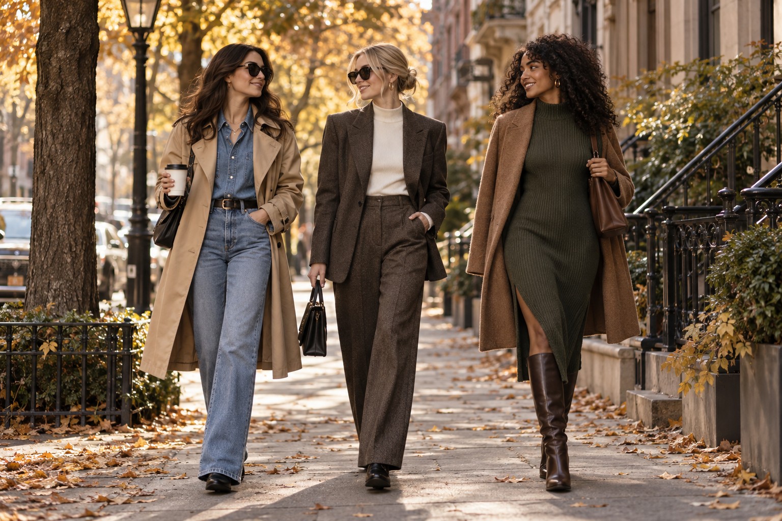fall fashion ideas showing denim, tailored trousers, and knit dress outfits