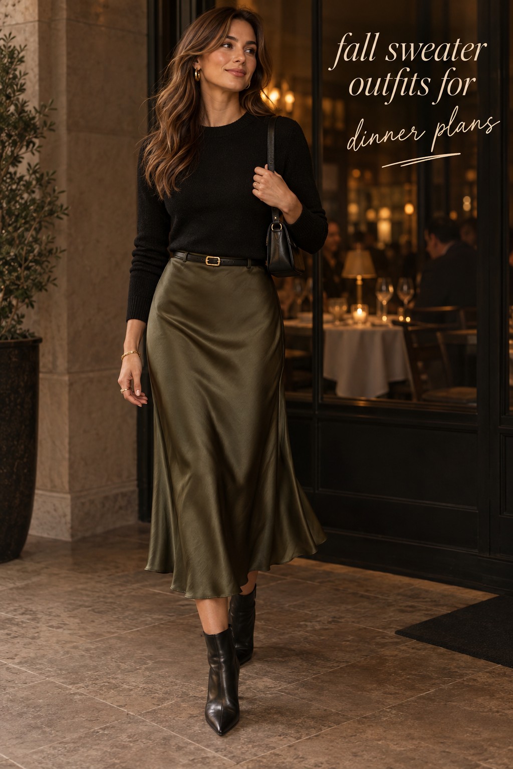 fall sweater outfits with a black knit and olive satin skirt for dinner