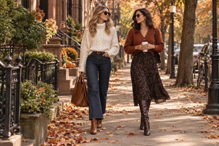 fall sweater outfits on two women in cream and rust knitwear on an autumn city street
