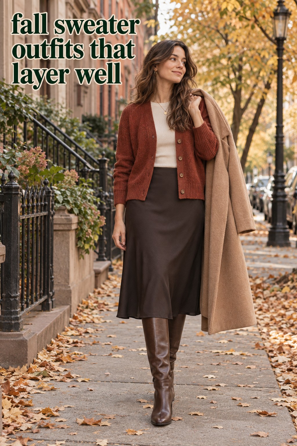 fall sweater outfits with a rust cardigan, midi skirt, and tall boots