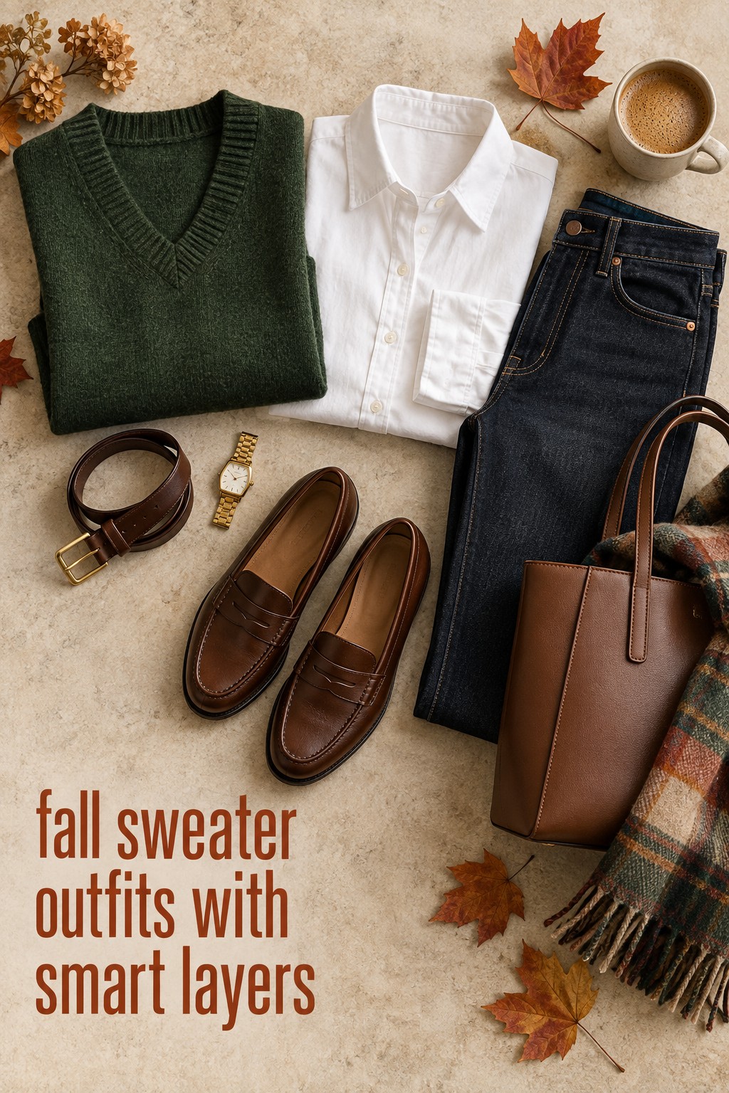 fall sweater outfits with a green vest, white shirt, denim, and loafers
