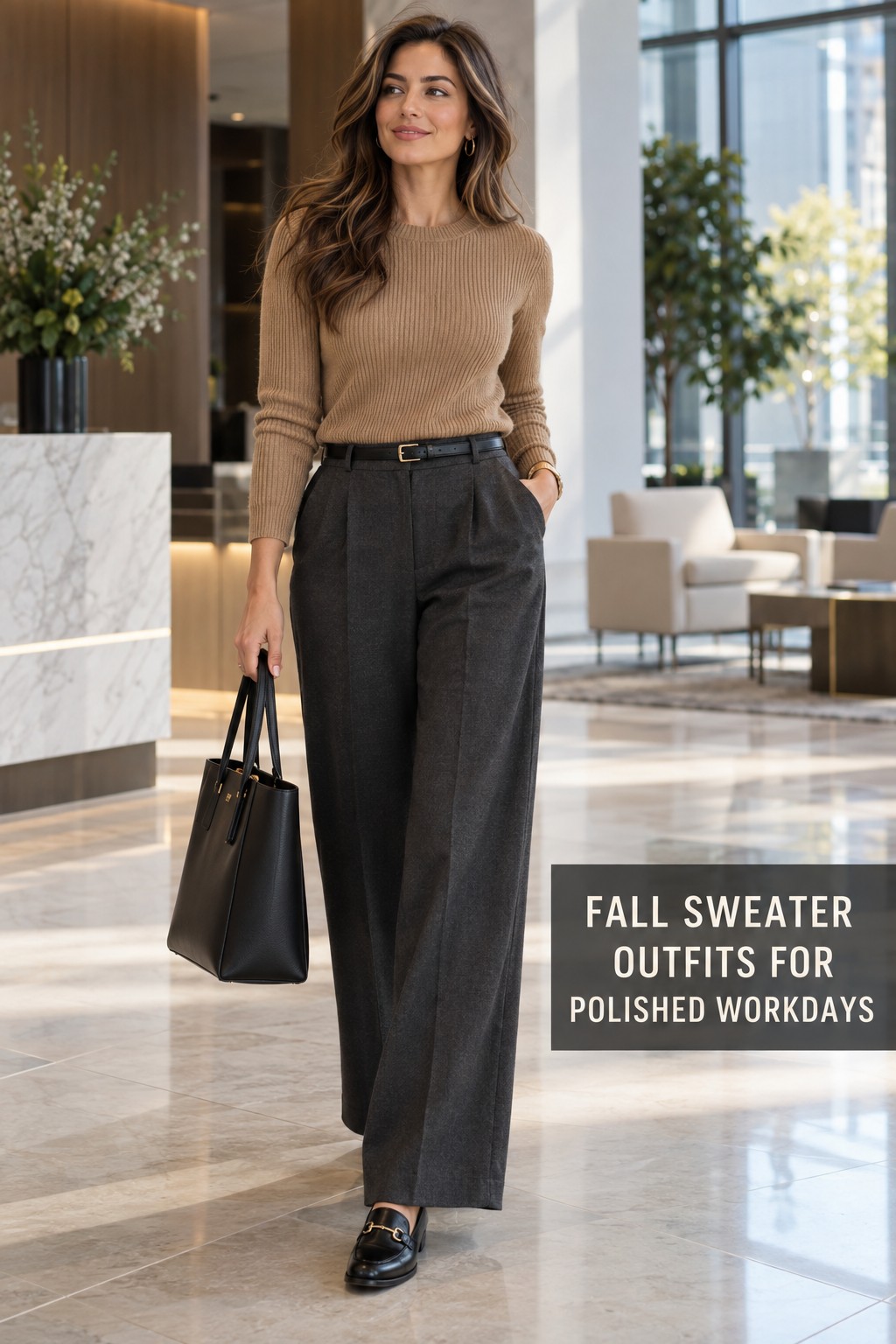 fall sweater outfits with a camel sweater and tailored trousers for work