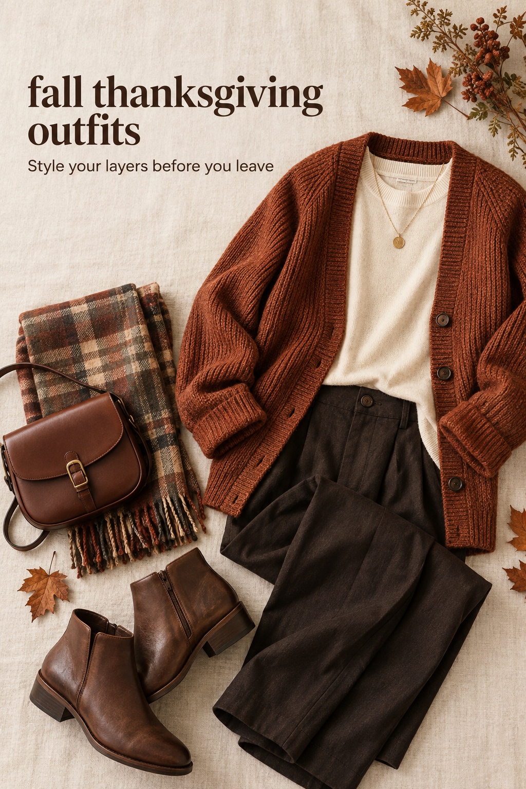 Fall Thanksgiving outfits flat lay with rust cardigan, cream knit, trousers, scarf, and boots