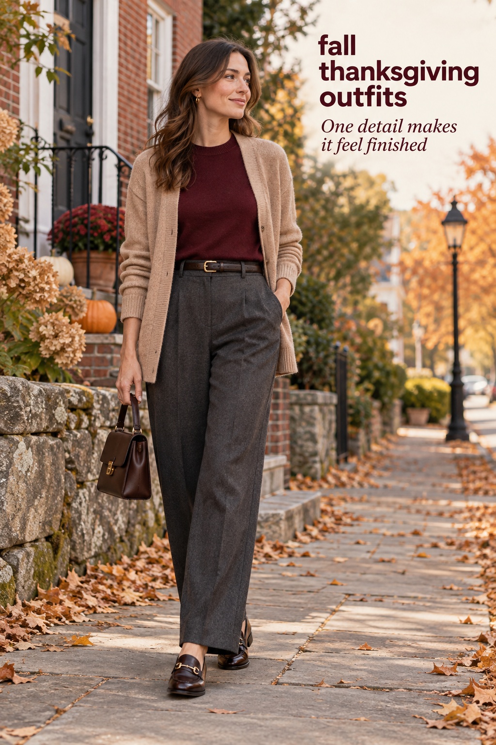 Fall Thanksgiving outfits complete look with burgundy knit, camel cardigan, trousers, and loafers