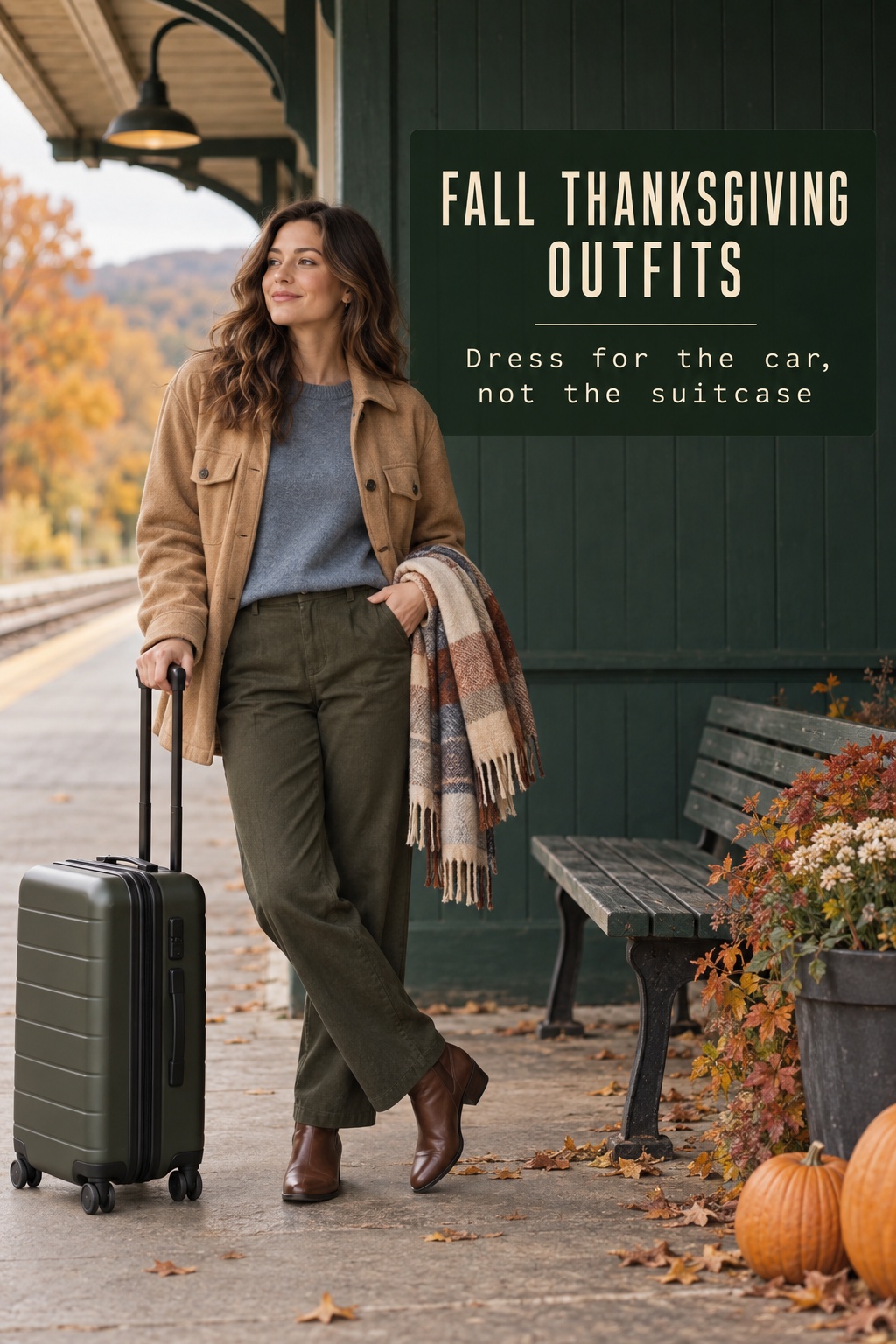 Fall Thanksgiving outfits travel look with removable camel jacket, olive trousers, and carry-on