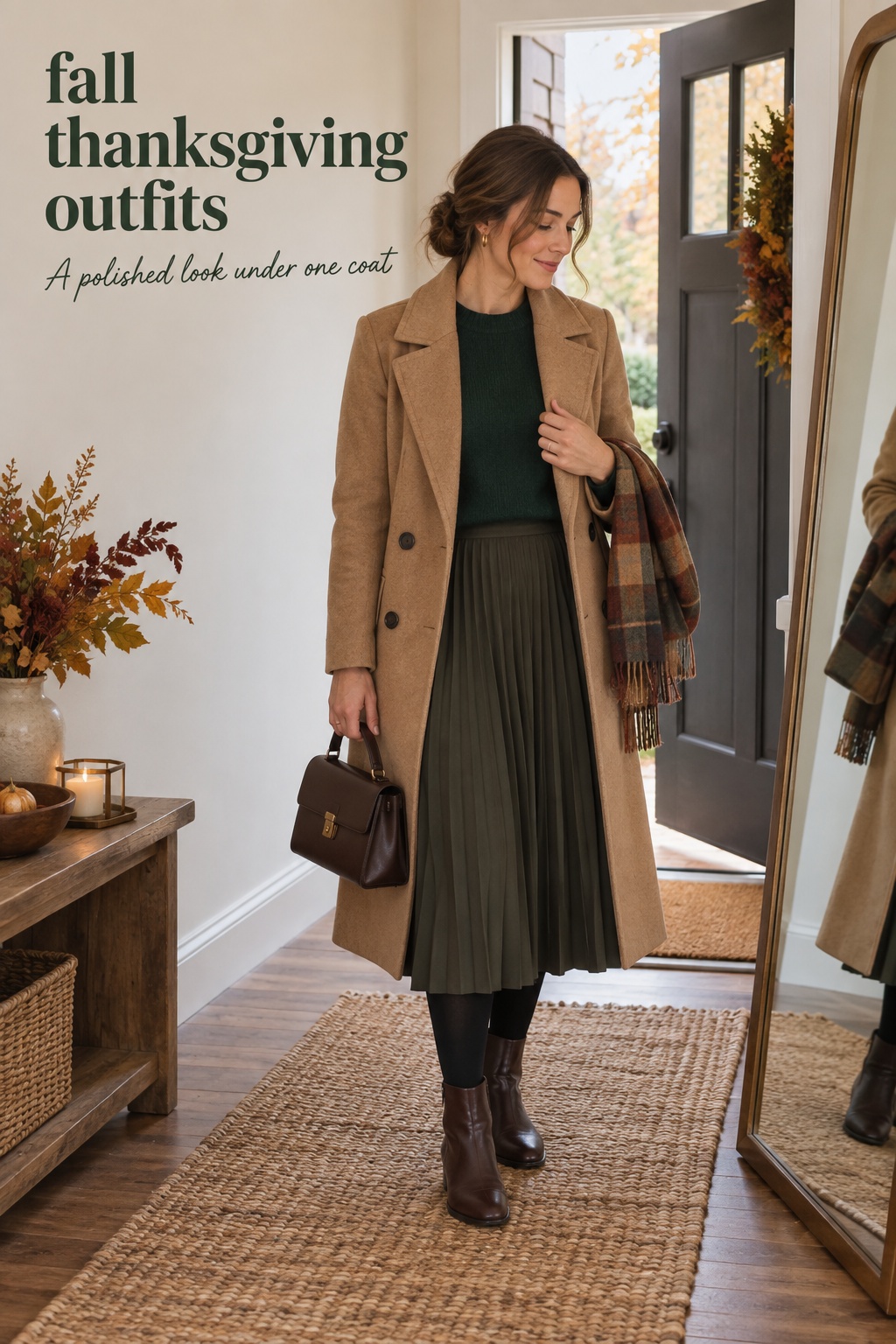 Fall Thanksgiving outfits with camel coat, green knit, pleated skirt, tights, and boots