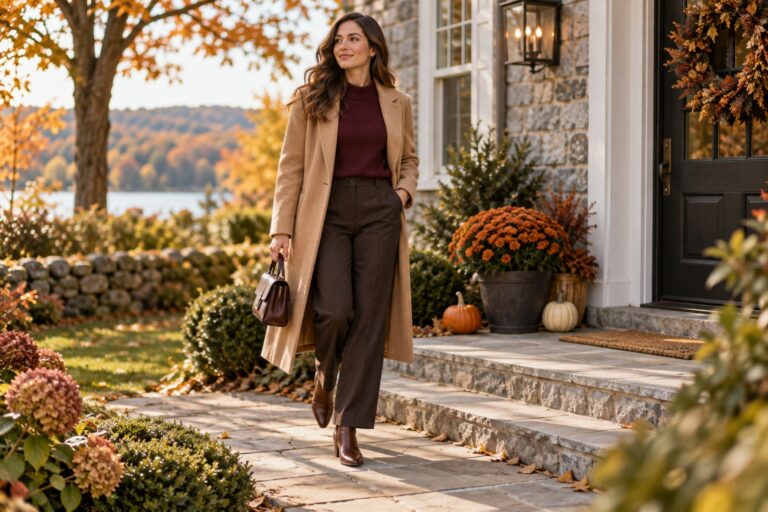 Fall Thanksgiving outfits in a burgundy knit and camel coat for an autumn arrival