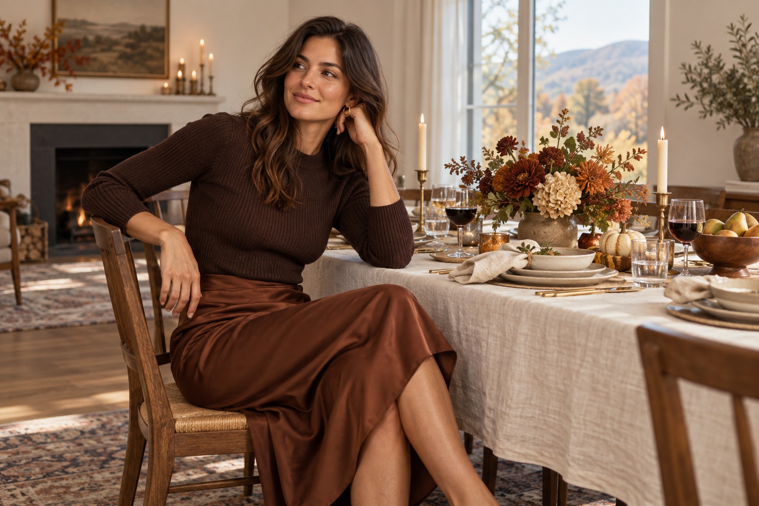 brown Thanksgiving outfit with chocolate knit and chestnut skirt at dinner