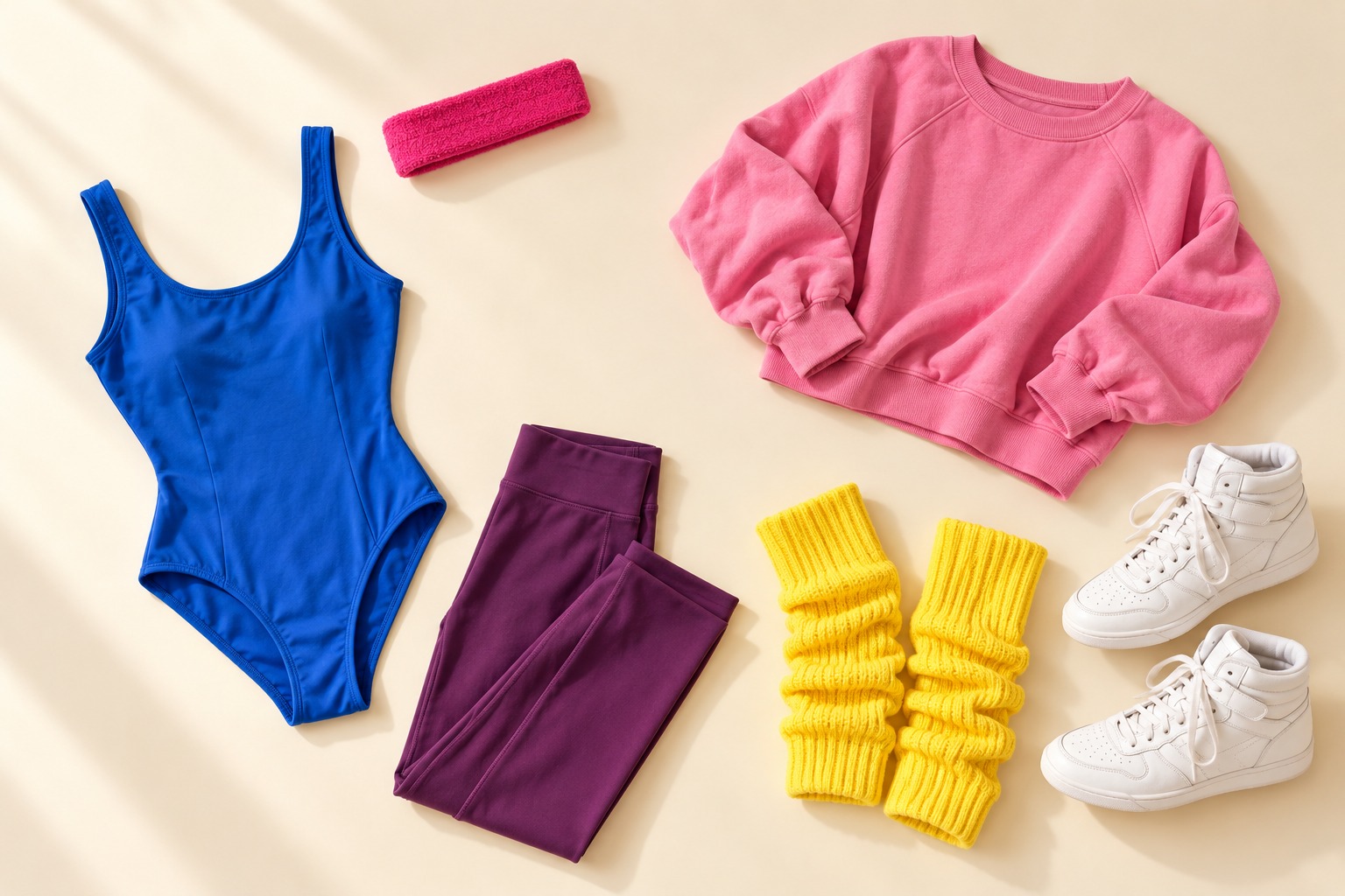 80 workout outfits capsule flat lay with cobalt leotard, pink sweatshirt, plum leggings and yellow warmers