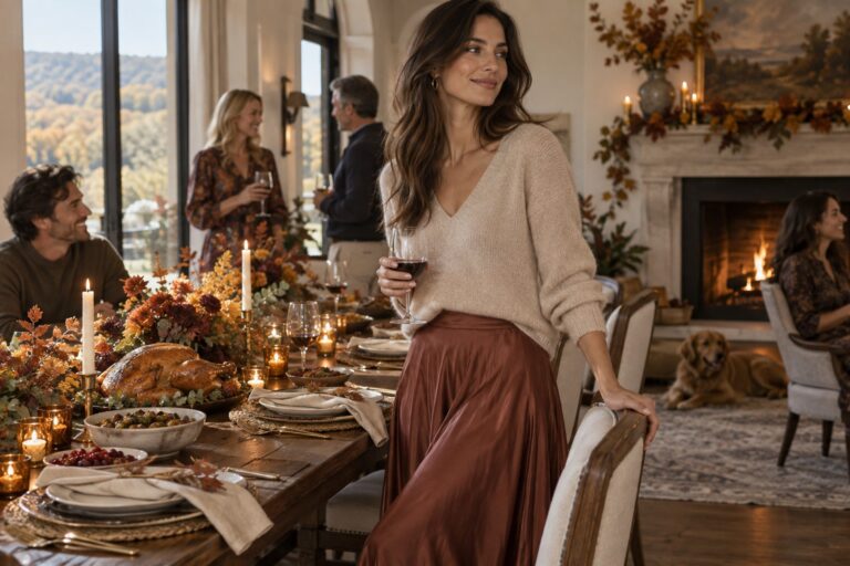 what to wear for thanksgiving dinner: elegant knit and skirt at a family gathering