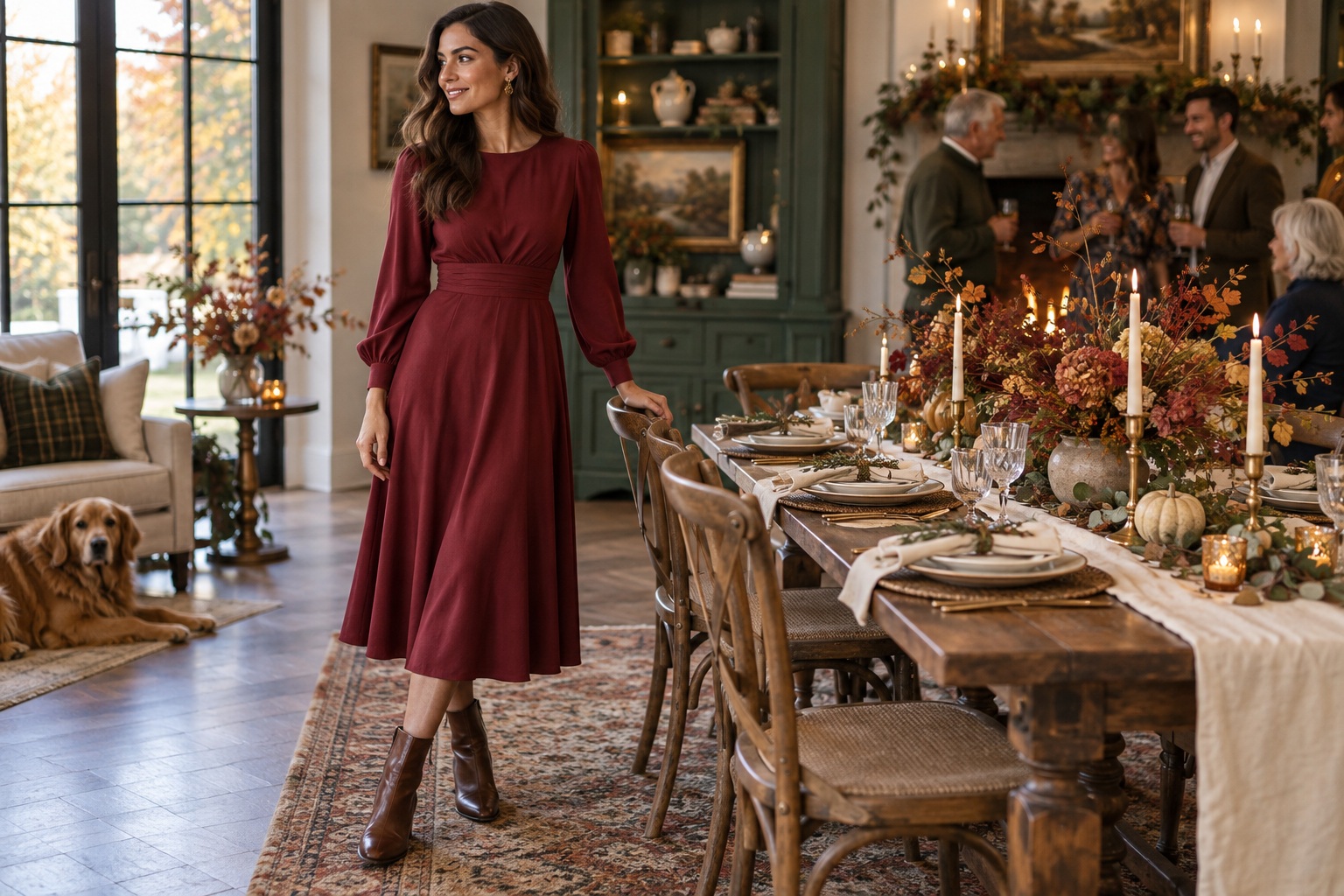 thanksgiving dress in cranberry red beside an elegant holiday dining table