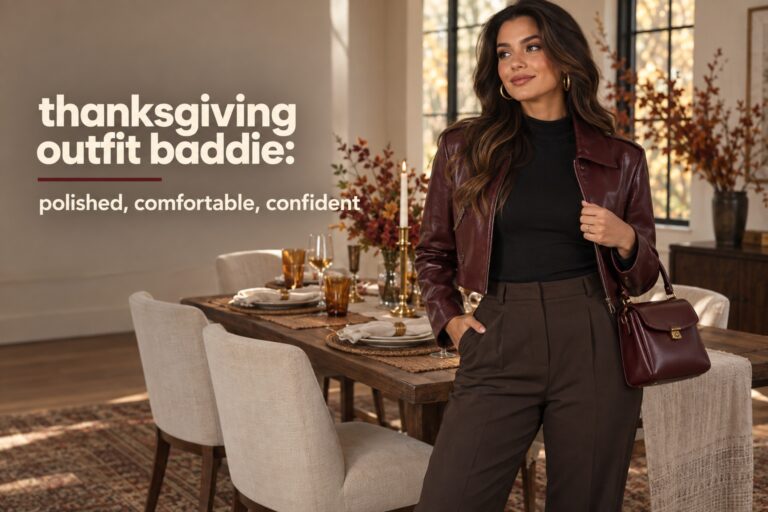 thanksgiving outfit baddie in chocolate trousers and an oxblood jacket