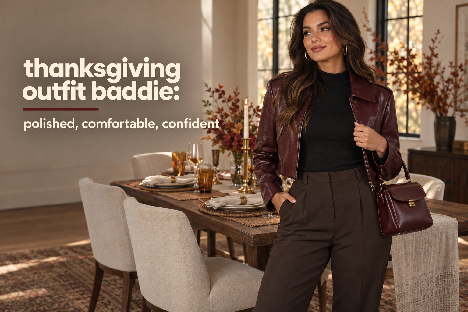 thanksgiving outfit baddie in chocolate trousers and an oxblood jacket