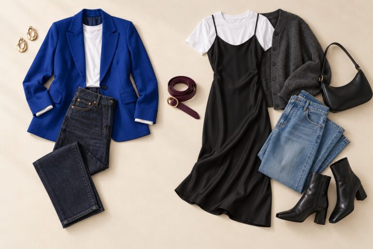 80 and 90 outfits ideas with a cobalt blazer look beside a slip dress and relaxed denim