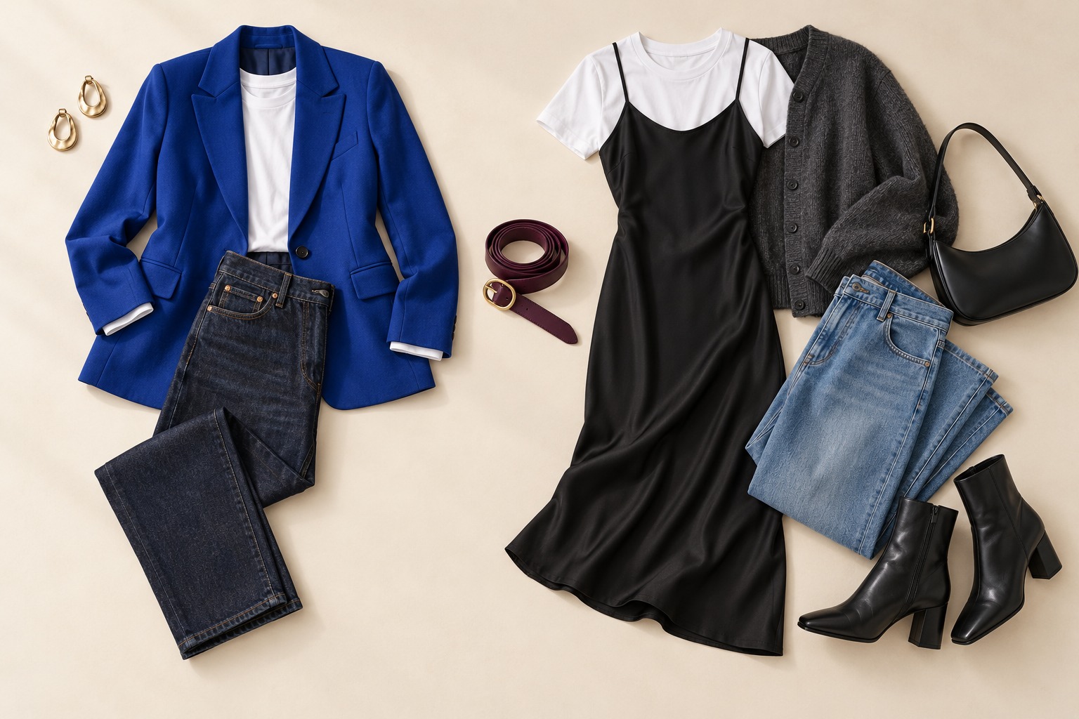 80 and 90 outfits ideas with a cobalt blazer look beside a slip dress and relaxed denim