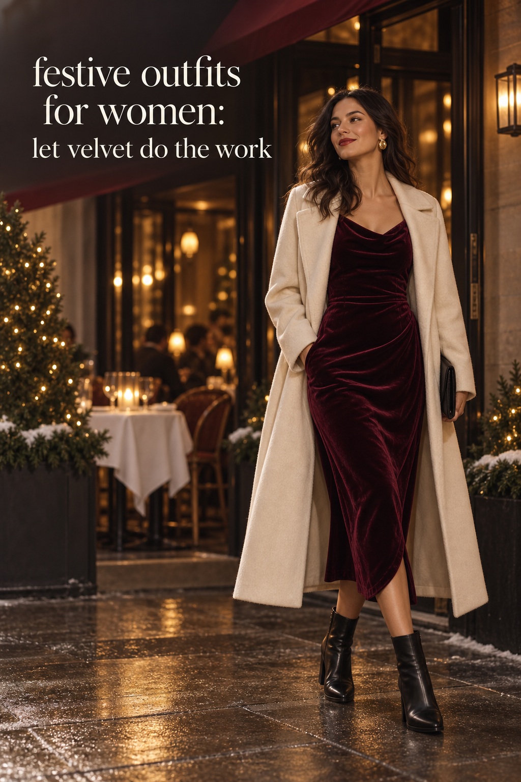 festive outfits for women burgundy velvet midi dress cream coat and boots