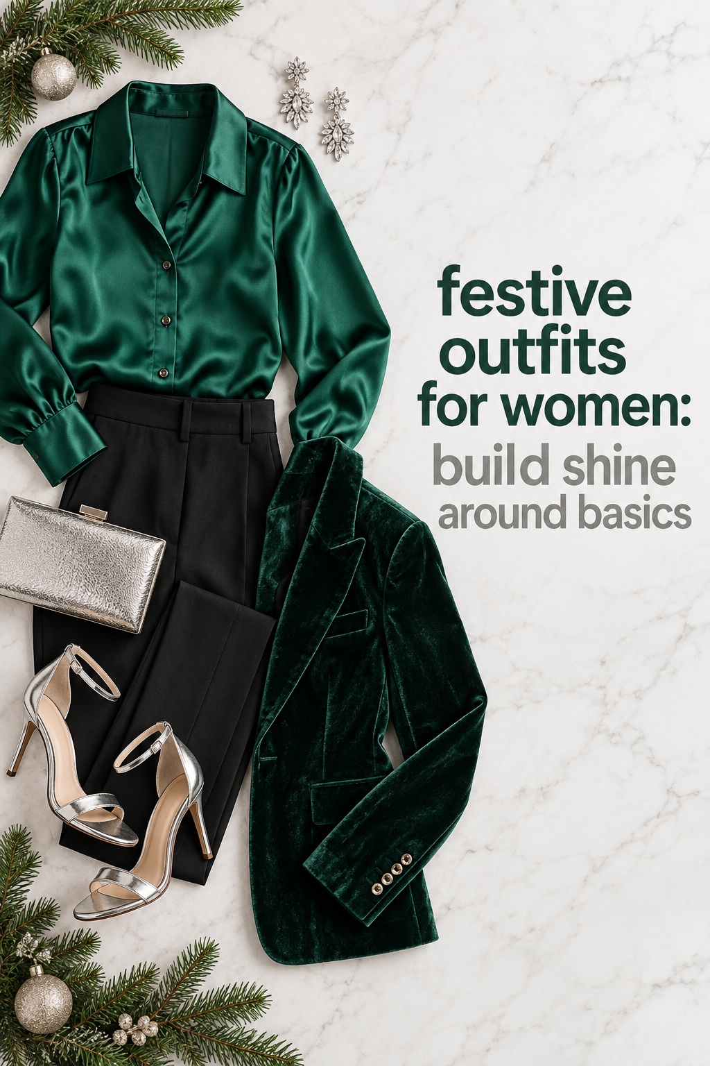 festive outfits for women emerald satin blouse black trousers and silver heels flat lay