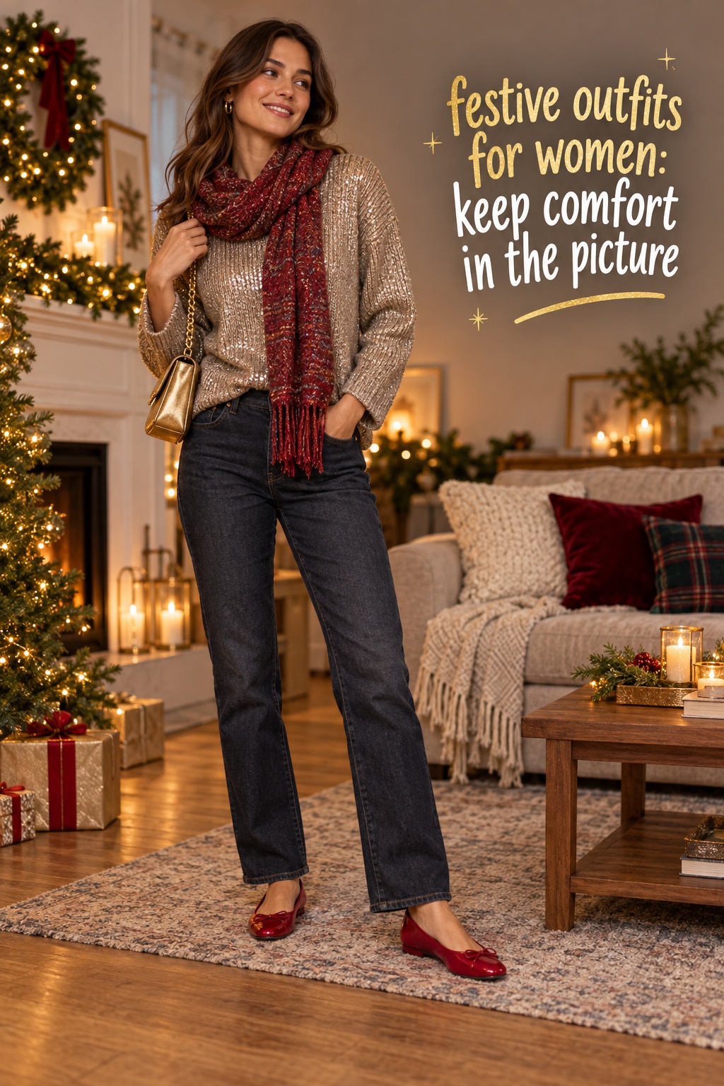 festive outfits for women metallic knit sweater dark jeans scarf and red flats