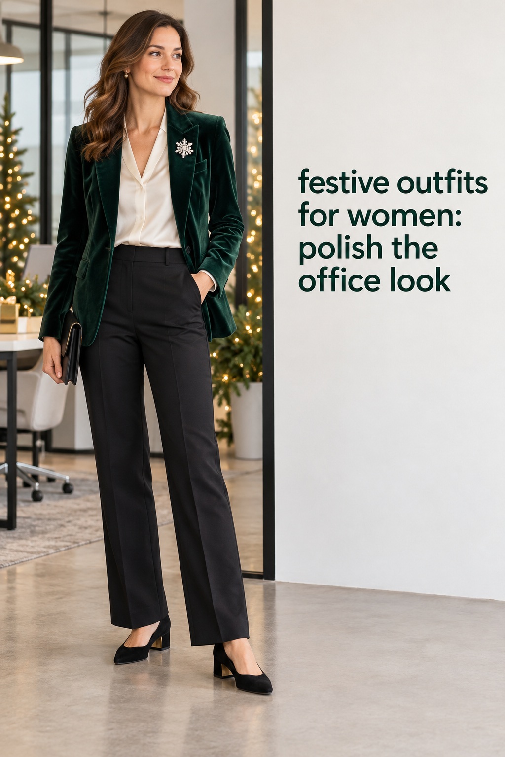 festive outfits for women green velvet blazer ivory blouse and black trousers