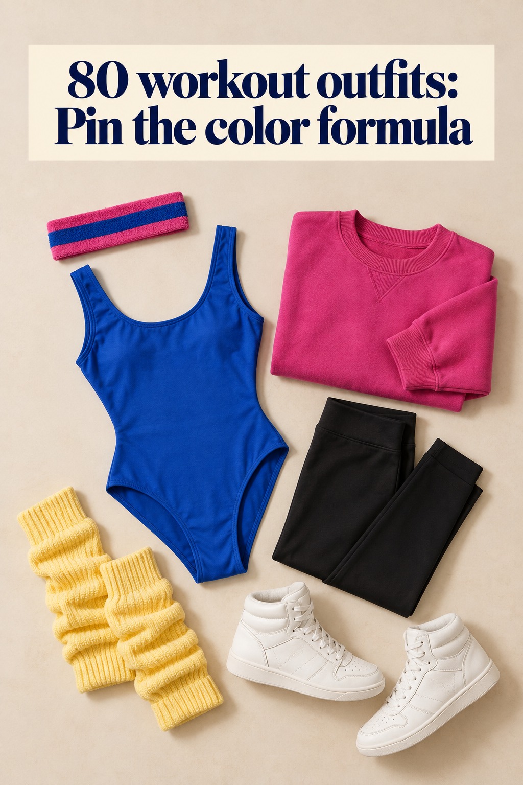 80 workout outfits flat lay with a cobalt leotard, black leggings and yellow leg warmers