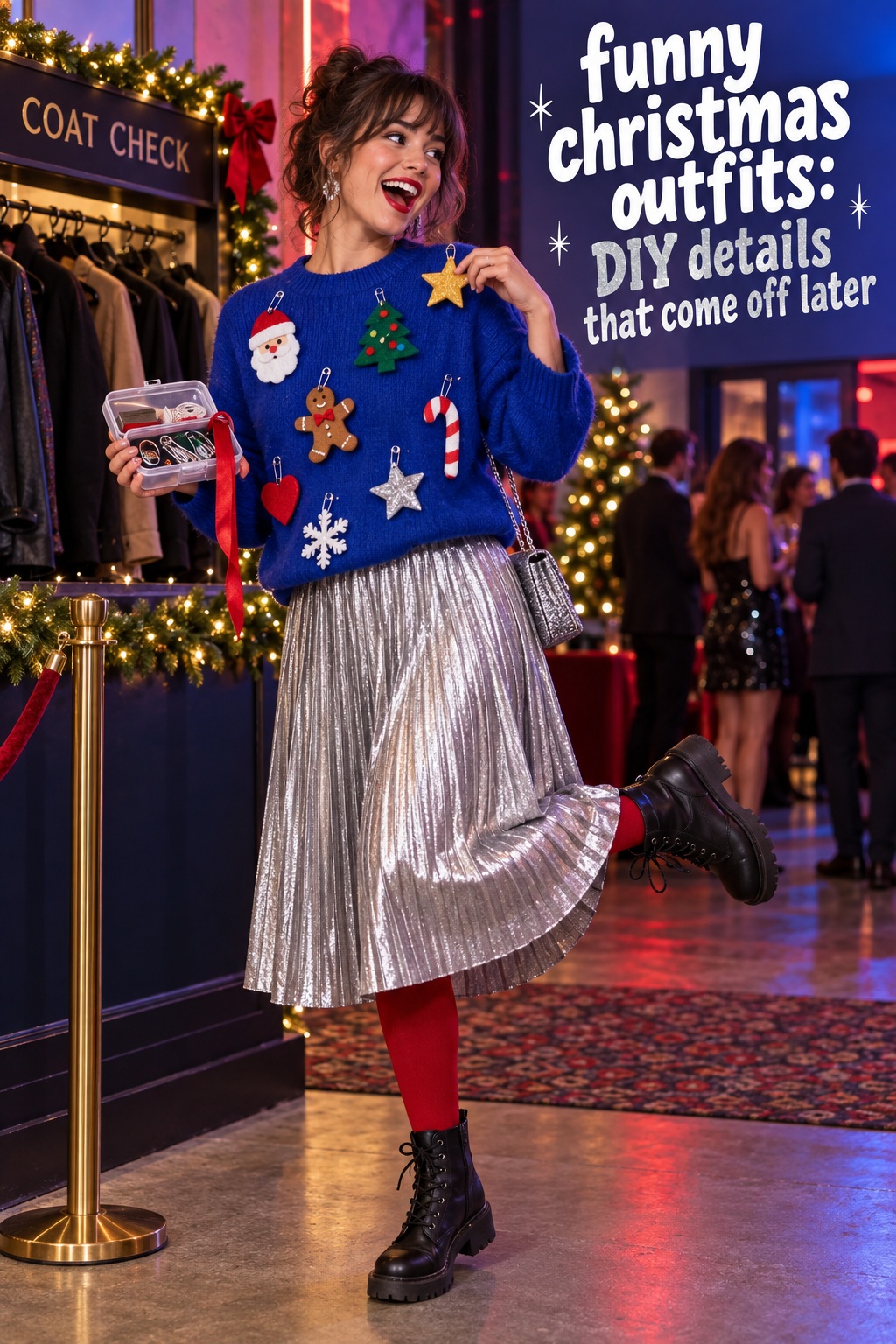 funny christmas outfits DIY decorated sweater with silver skirt and red tights