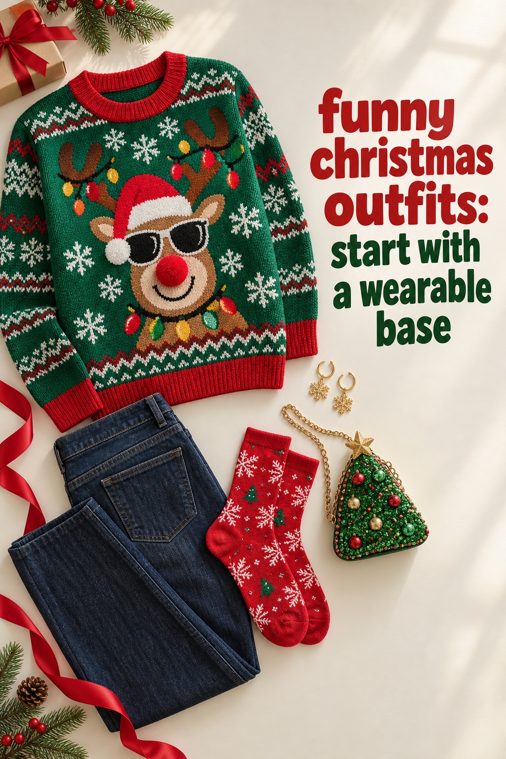 funny christmas outfits ugly sweater jeans socks and novelty bag flat lay