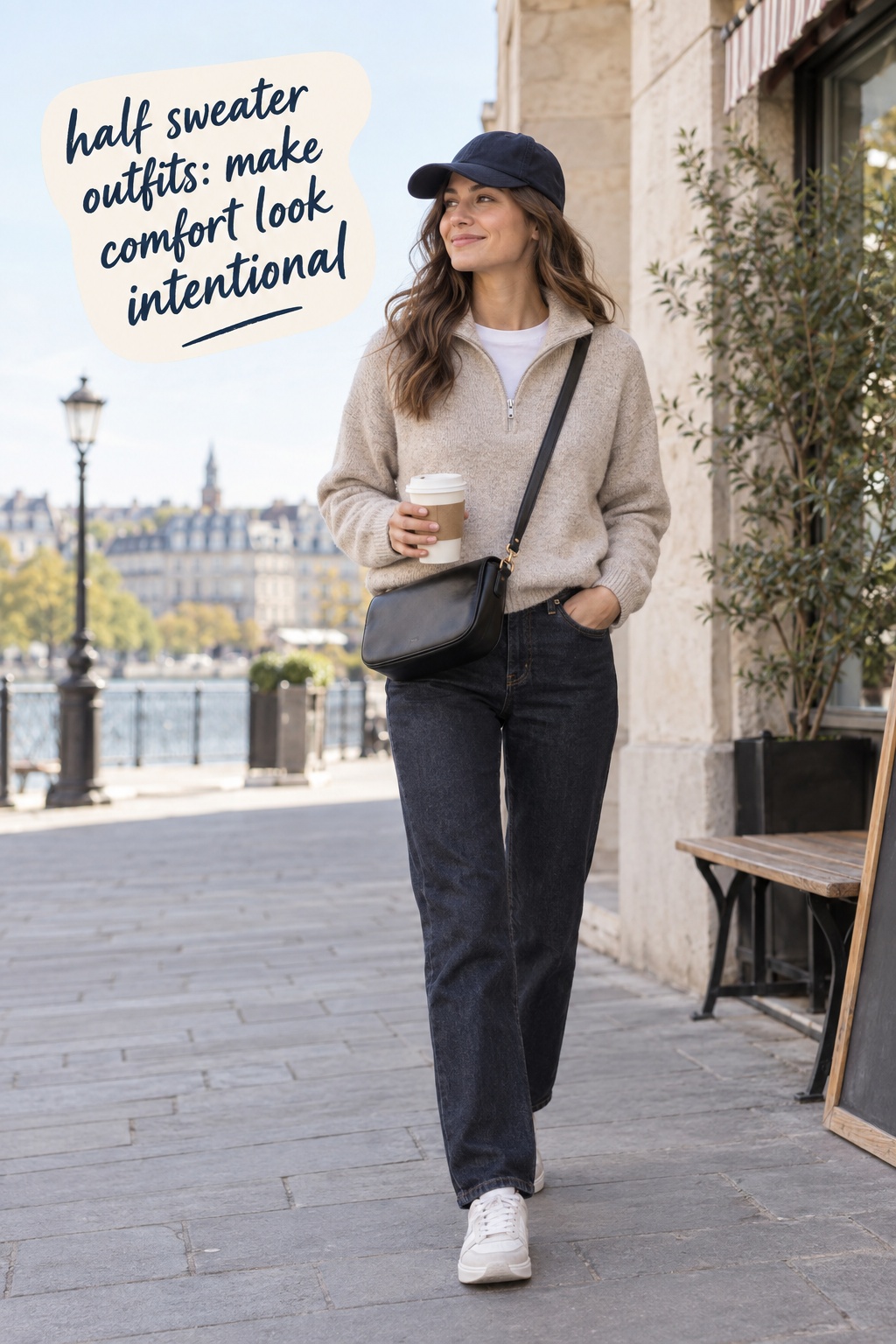 Half sweater outfits weekend look with an oat half zip and straight jeans