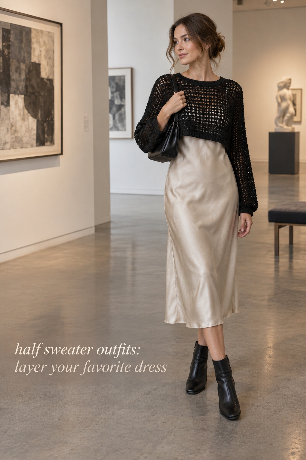 Half sweater outfits with an open knit layer over a satin midi dress