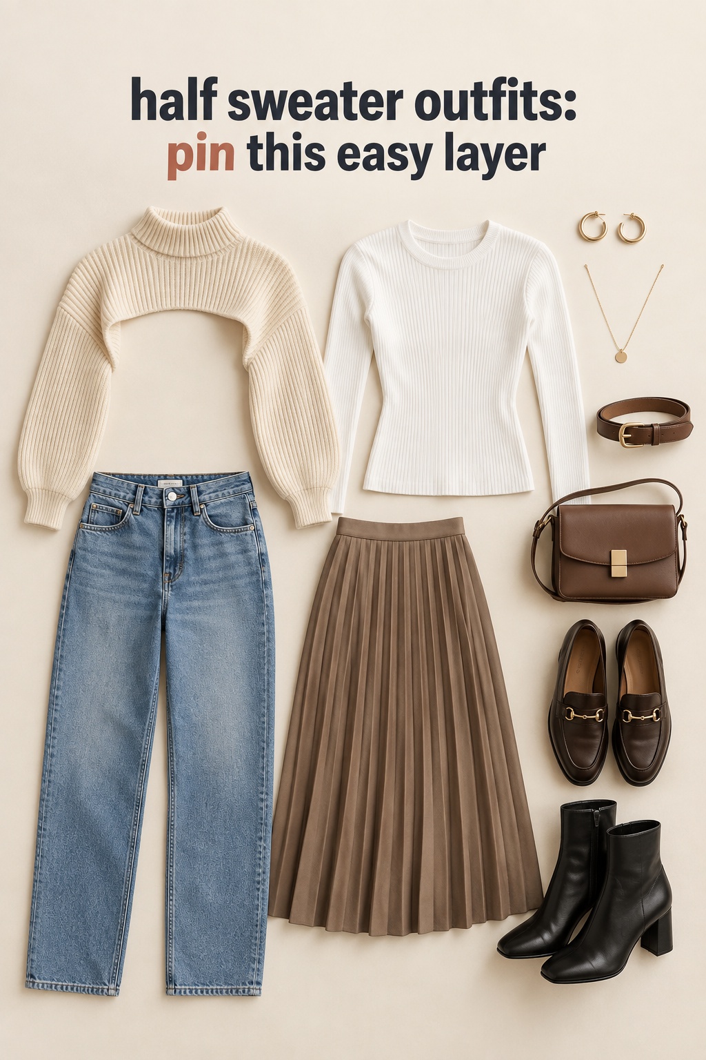 Half sweater outfits flat lay with knit layers, denim, skirts, and loafers