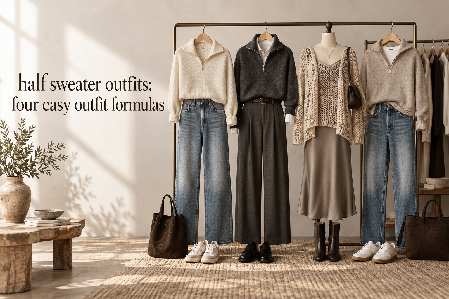 Half sweater outfits shown in four coordinated outfit directions