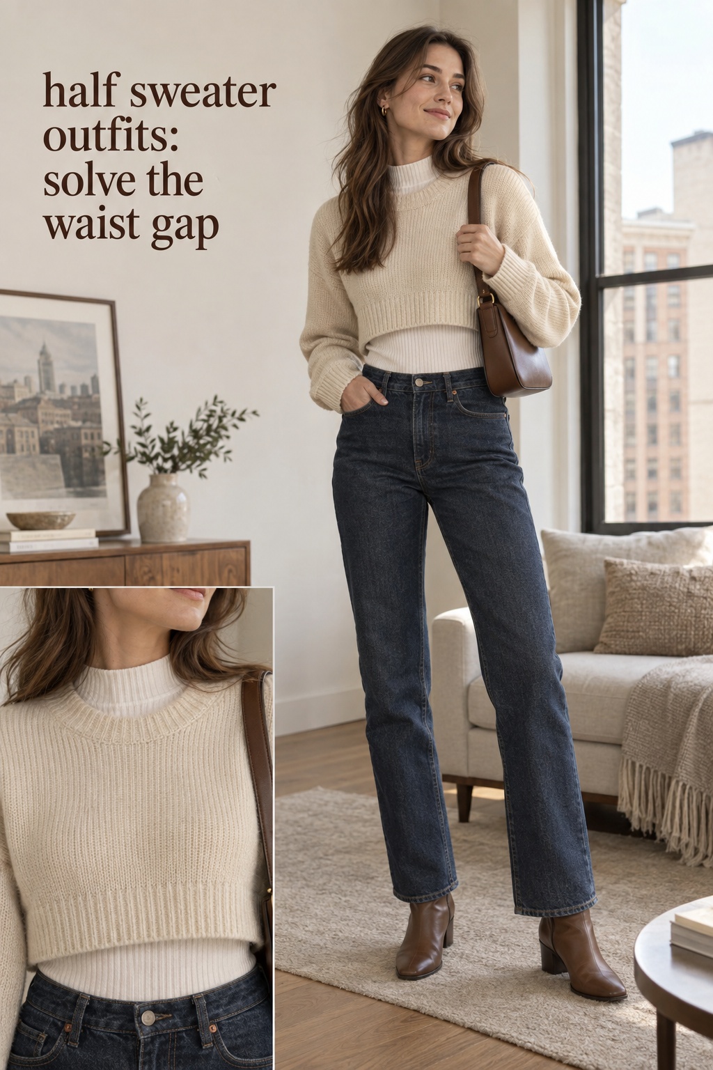 Half sweater outfits with a cream cropped layer and high-rise dark denim